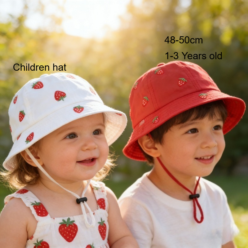 Bucket Hat Cotton - Girl Fisherman Hat with Strawberry Embroidery